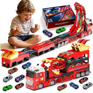 3in1 Carrier Truck with 45-Inch Foldable Race Track, Toy Trucks for Kids Ages 4-8 w/12 Metal Diecast Cars Toys, Trucks for Toddlers 2-4 Years w/Light & Sound, Kids Toys Gift for Boys & Girls Age 3+