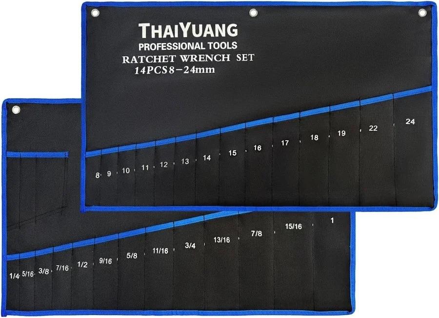 THAIYUANG 2Pieces Wrench Roll Up Pouch, Heavy Duty Canvas Tool Wrench Organizer Bag 14pockets Metric+ 13pockets SAE (Only Pouch)