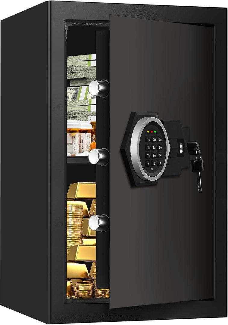 3.3 Cuft Large Home Safes Water and Fireproof, Fire proof Safes for Home Use, Anti-Theft Security Safe Box With Digital Keypad & Removable Shelf and Led Light, Money Safes for Documents Valuables (3.3 Cubic Feet)