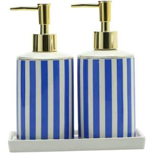 Coastal Blue & White Ceramic Soap Dispenser Set with Gold Pump 3-Piece Bathroom & Kitchen Accessories with Tray, Refillable Lotion & Dish Soap Pump Bottles for Beach House & Nautical Dcor