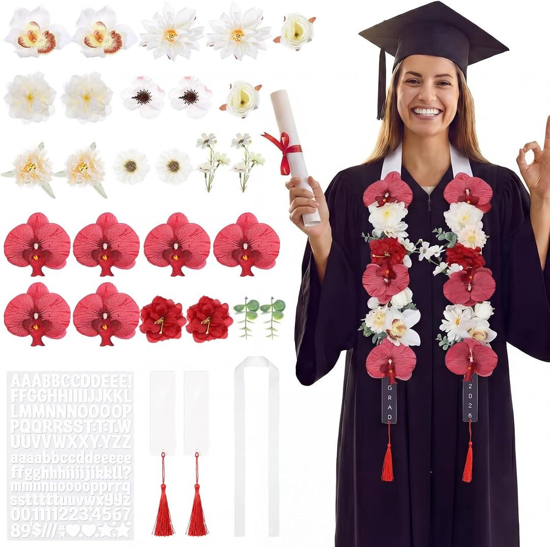 Yinder 36 Pcs DIY Graduation Leis Set Class of 2026 Flower Graduation Stole with Tassel Acrylic Card Letter Sticker Congrats Grad Necklace for Craft High School College Gift Ceremony Party (Red)