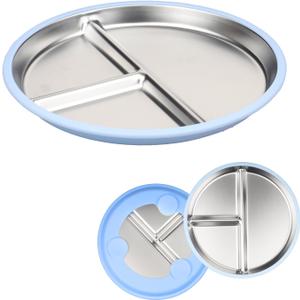 Stainless Steel Baby Plates with Suction,9Compartment Divided Dish, Removable and Dishwasher Safe Food Grade Silicone Sleeves,BPA-Free,Unbreakable Toddler Feeding Set (Light Blue)