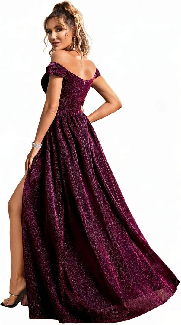 Women's Off the Shoulder Glitter Formal Evening Gown Built-in Bra with High Slit Sparkly Maxi Dress for Prom Wedding Burgundy Large