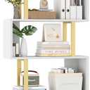 Yusong Geometric Bookcase with Cabinet, S Shaped Bookshelf 5-Tier Book Shelves for Bedroom, Modern Wood Decorative Display Shelf Tall Book Case for Home Office, Gold and White