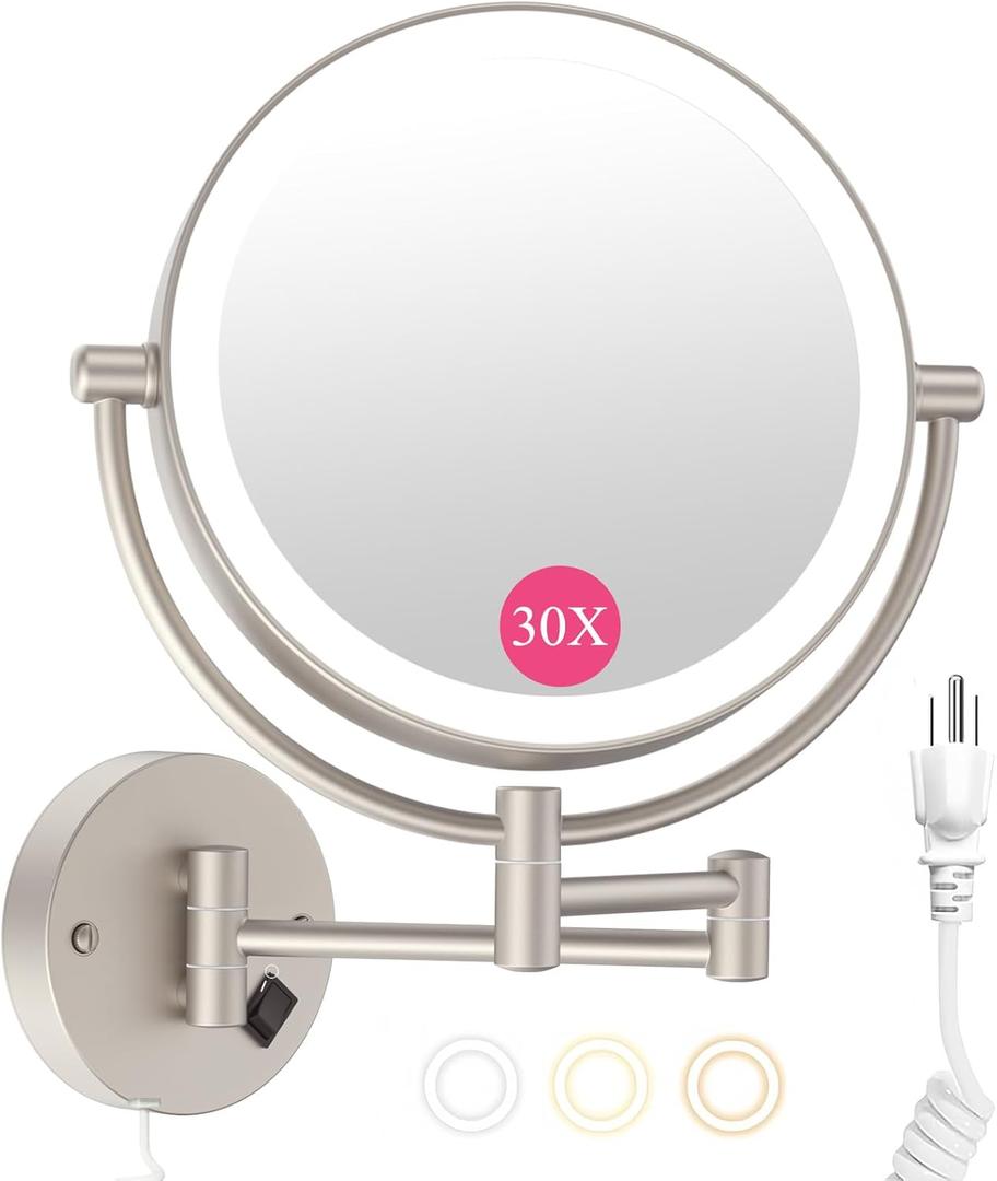 Wall Mounted Makeup Mirror with Lights, 30X/1X Double-Sided Magnifying, Plug-in Lighted Vanity Mirror with 3 Color Modes, Dimmable Brightness, 360 Swivel Extendable Arm for Bathroom & Grooming (Brush Nickel)