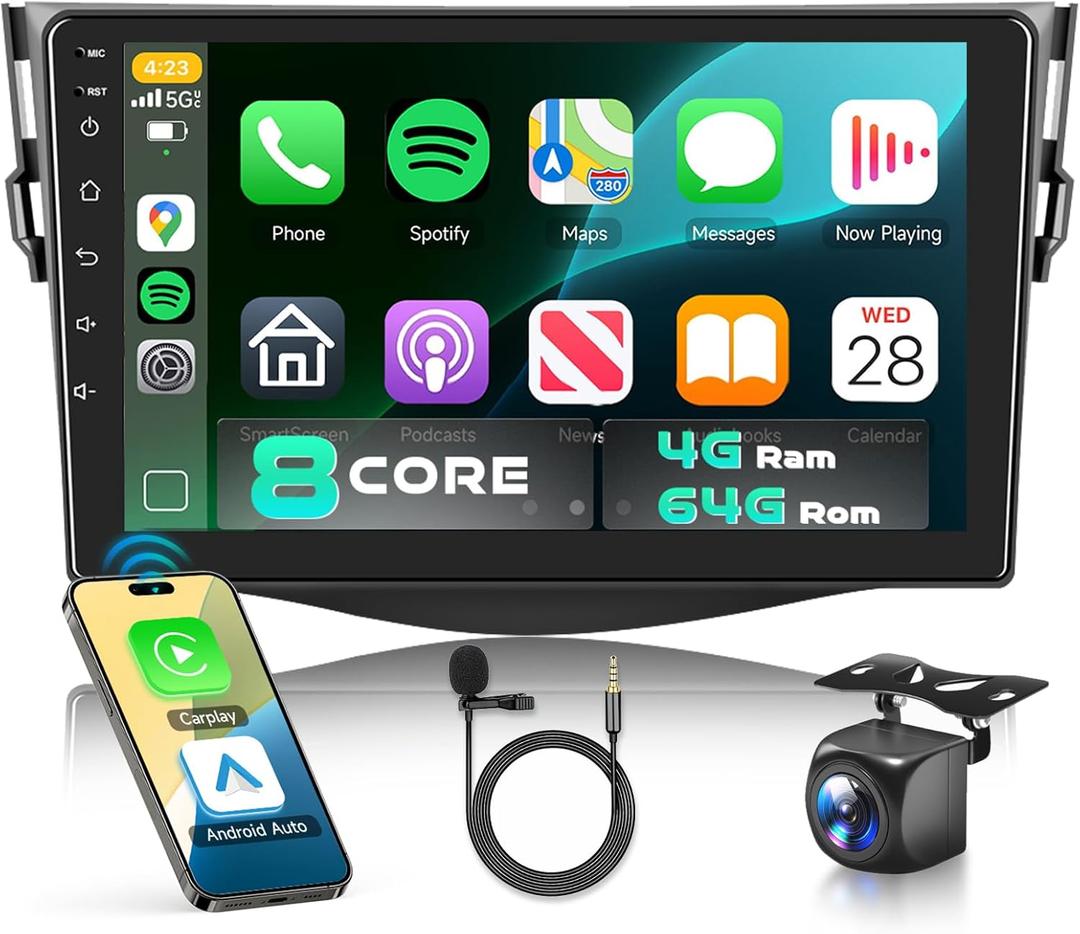 for Toyota RAV4 2007-2011 Car Stereo with Snapdragon 8 Core Processor 4GB+64GB Android 13 Radio 9 Inch 1280 * 720 IPS Touchscreen Carplay/Android Auto GPS WiFi FM/RDS SWC Camera