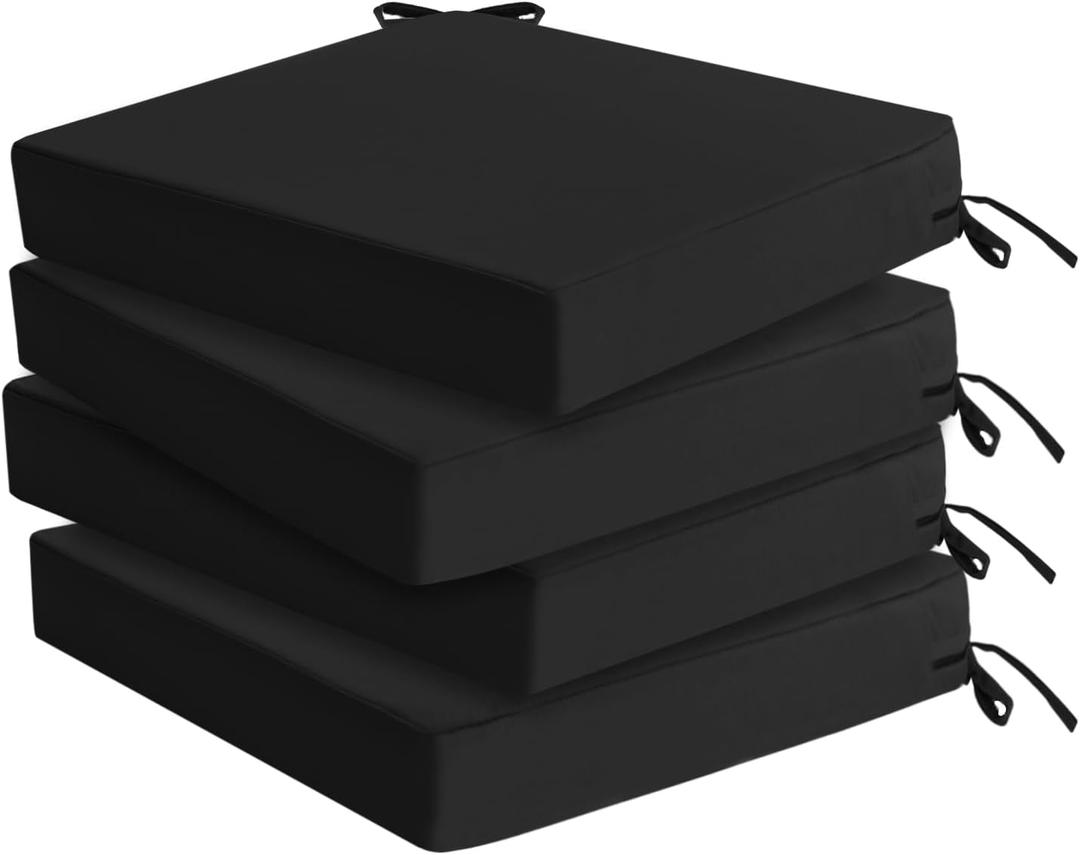 Outdoor Chair Cushions Set of 4: Waterproof & Fade Resistant Seat Cushion for Patio Furniture - 18.5 x 16 x 2 Inch Chair Pads with Ties and Hidden Zipper - Patio Chair Cushion Replacement, Black