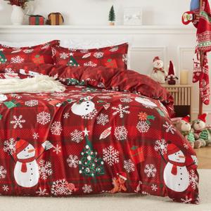 CAROMIO Christmas Duvet Cover Queen, Reversible Printed Comforter Cover Set Christmas Holiday Decorative Bedding, Soft Microfiber Red Duvet + 2 Pillow Shams (Snowman, Queen)