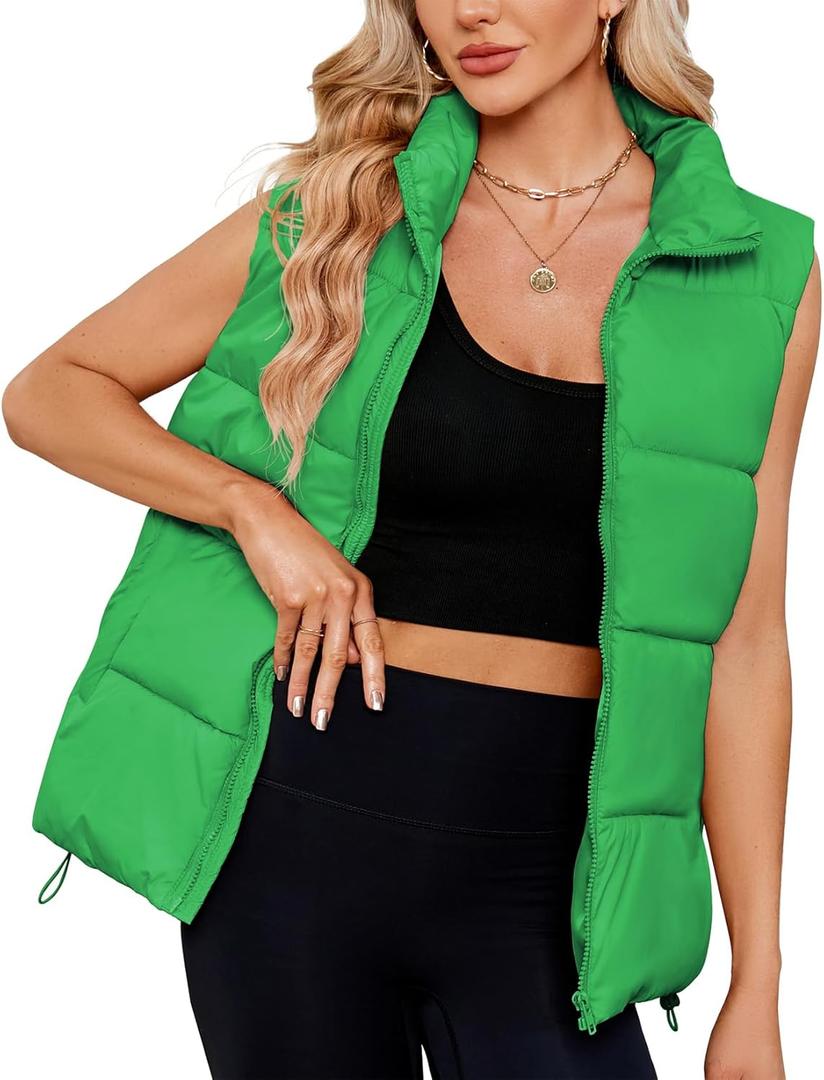 Century Star Green Puffer Vest Women Outerwear Puffy Oversized 2024 Quilted Top Jacket Coat Warm Fall Winter Gilet Sleeveless Zip Girls Medium