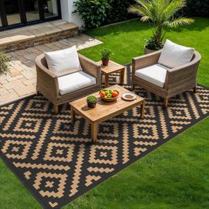 GENIMO 5'x8' Outdoor Rug Waterproof for Patio Decor, Reversible Plastic Straw Rug Carpet, Camping Mats for Outdoor, RV, Backyard, Deck, Balcony, Picnic, Light Black & Brown