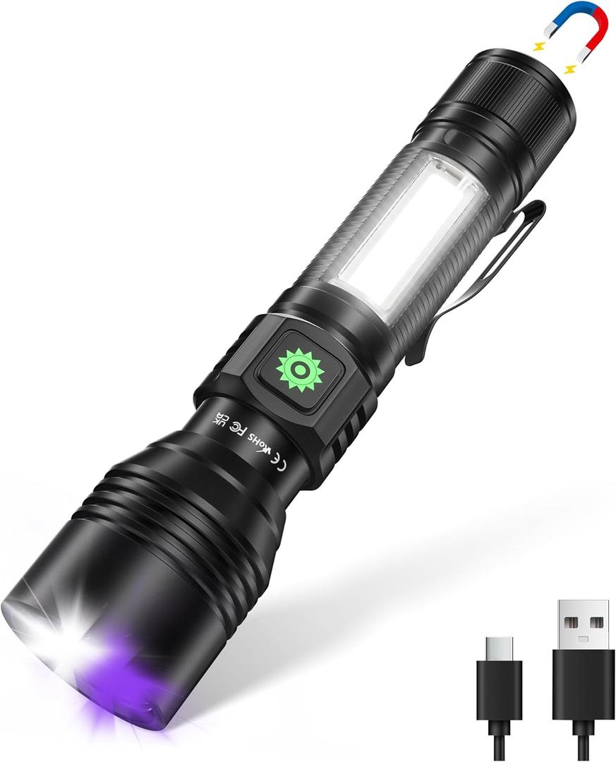 DARKDAWN 3 in1 Super Bright Flashlight & UV Flashlight 395nm, High Lumens USB Rechargeable Ultraviolet Blacklights,Handheld Portable Flash Lights for Camping, Outdoor Adventure, Pet Urine Stains
