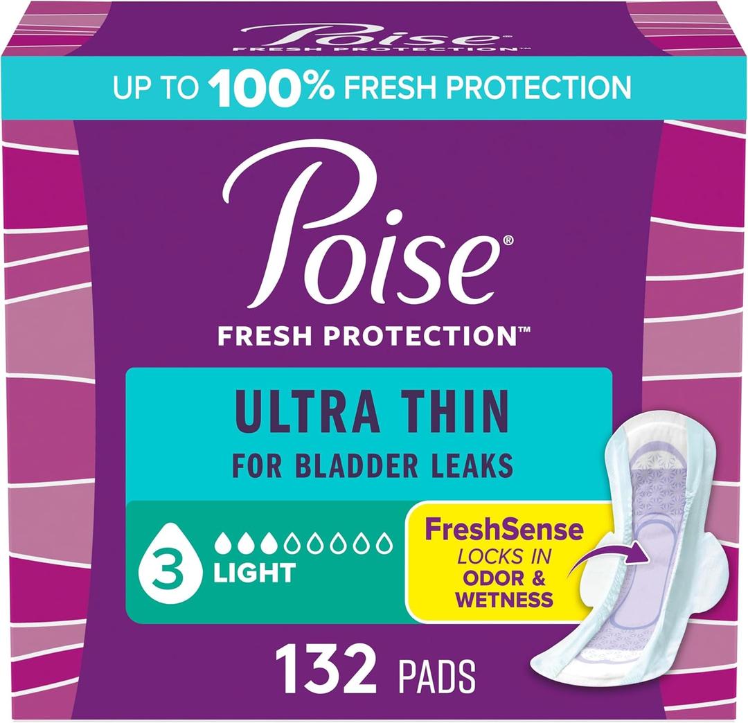 Poise Ultra Thin Incontinence & Postpartum Pads with Wings for Bladder Leaks, 3 Drop Light Absorbency, Regular Length, 132 Count, Packaging May Vary