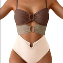 Eomenie One Piece Swimsuit for Women Ring Linked Monokini Sexy Bathing Suit Cutout Swim Suit, color brown color block, Size XL