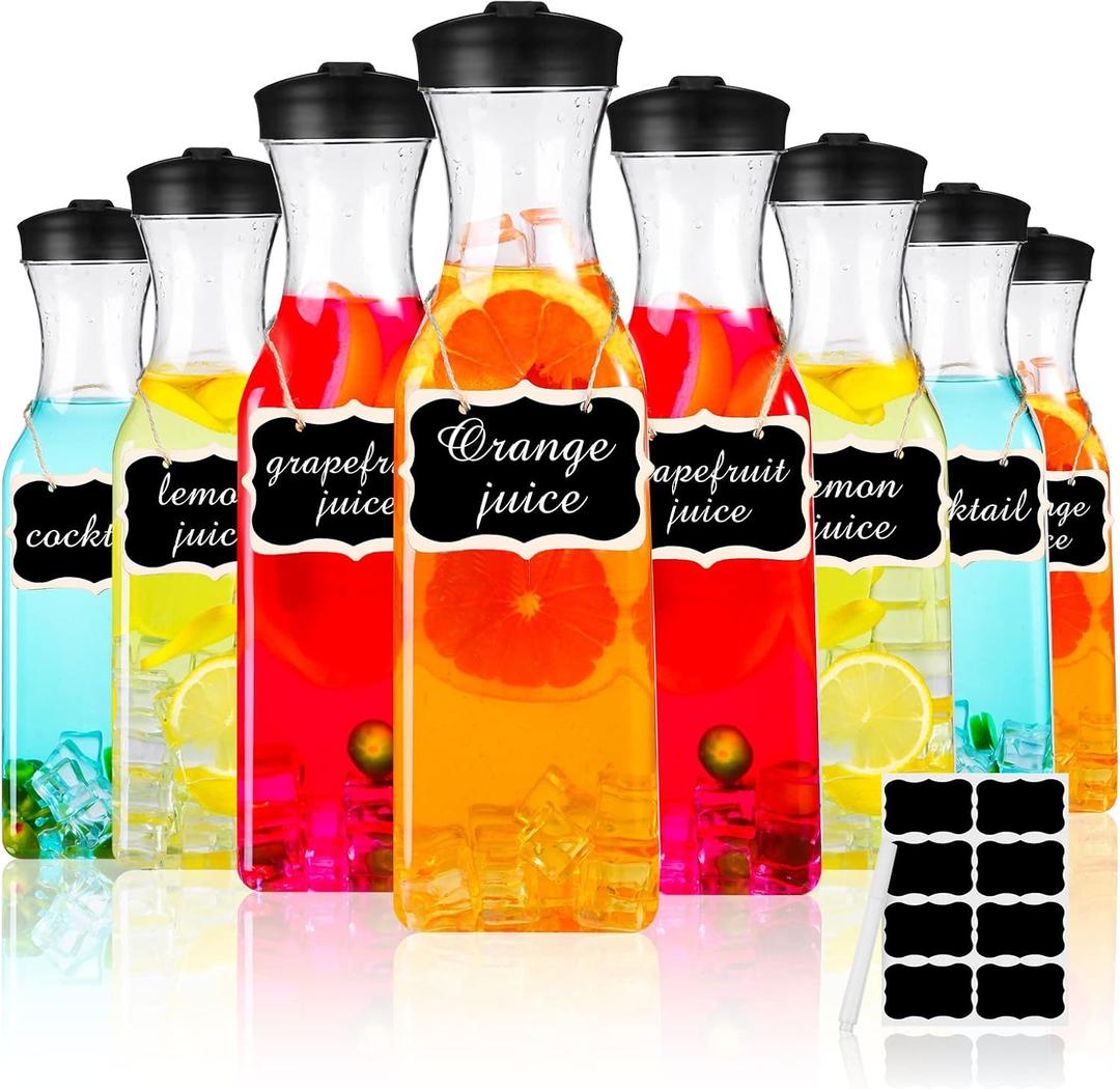 Lallisa 8 Pcs 54 oz Plastic Carafe Water Carafe with Lid Clear Plastic Pitcher with Lid Square Base Drink Containers for Fridge Mimosa Bar Supplies Water, Milk, Juice with Labels Hanging Tags