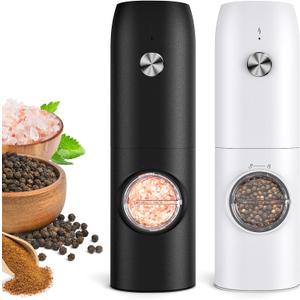 Electric Salt and Pepper Grinder Set, USB Rechargeable Kitchen Gadgets-Automatic Salt and Pepper Mill with Adjustable Coarseness, One-Hand Operation Built-in LED Light, Type-C Charging - 2 Pack