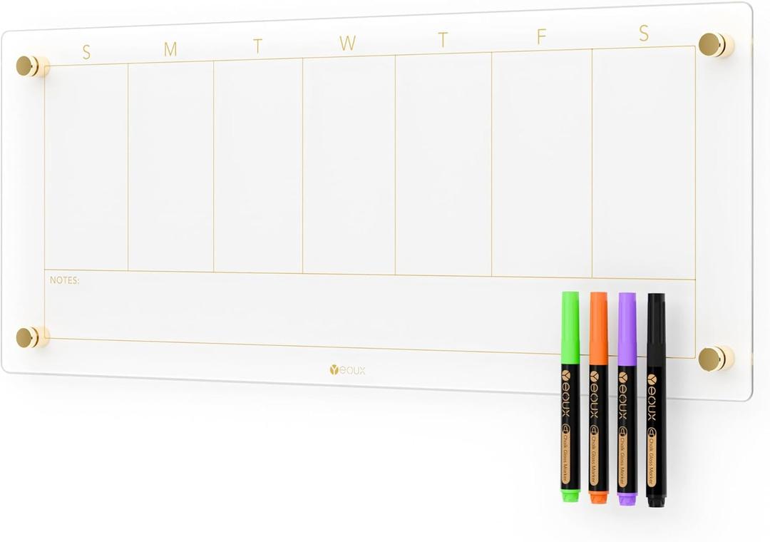 Clear Glass Weekly Dry Erase Calendar Non-Magnetic Whiteboard for Wall, 7 Day to Do List, Menu & Meal Planner White Board for Kitchen Home Office, 23x9.5, 4 Markers Included, Yeoux