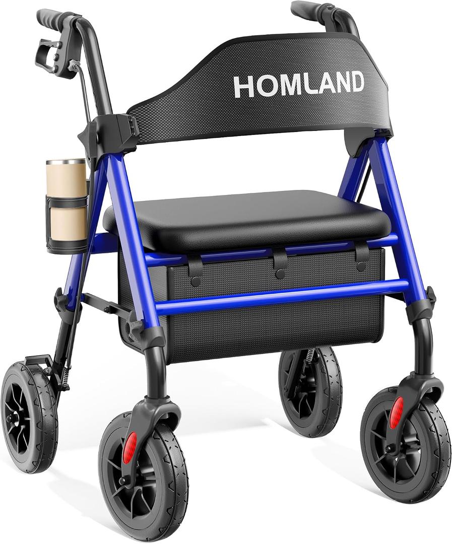 HOMLAND Foldable Rollator Walkers for Seniors with Seat, 17 lb Lightweight
8" All-Terrain Rubber Wheels, Reinforced Aluminum Frame, Cup Holder, 16'' Enlarged Seat, Height Adjustable, Easy Assembly