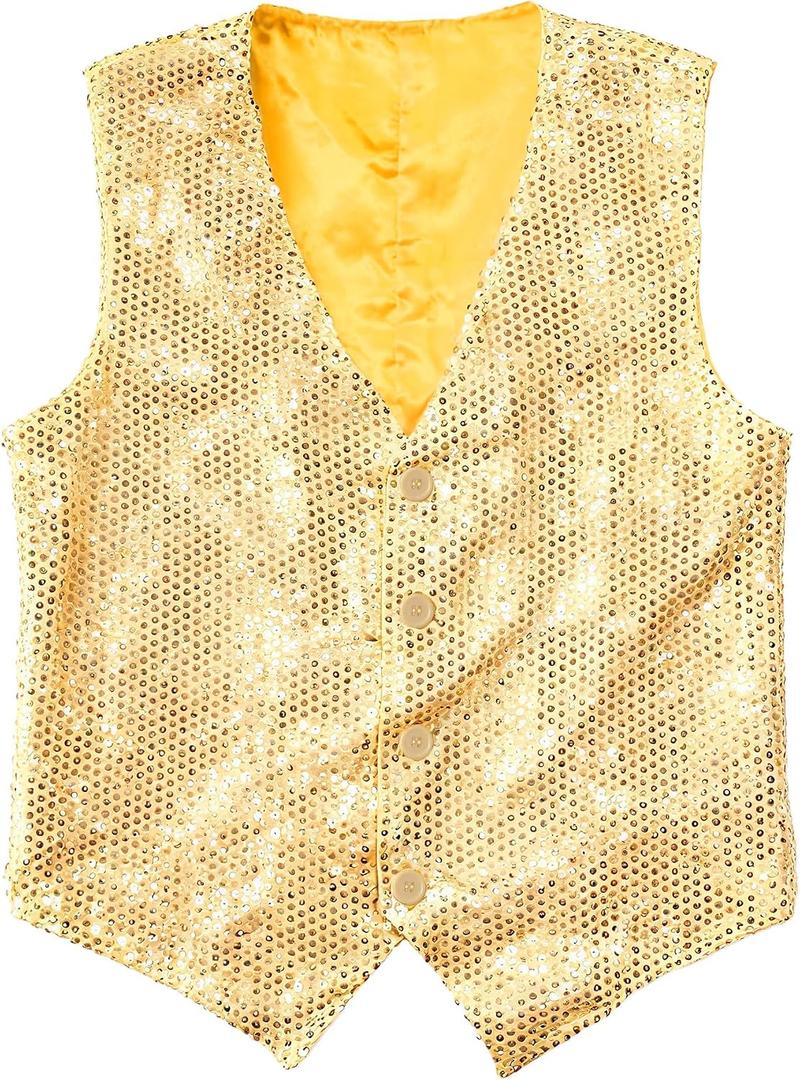 Wildarms Men’s Sequin Vest Sparkly V Neck Shiny Waistcoat for Men Disco Party Costume Vest Prom Mardi Gras Carnival