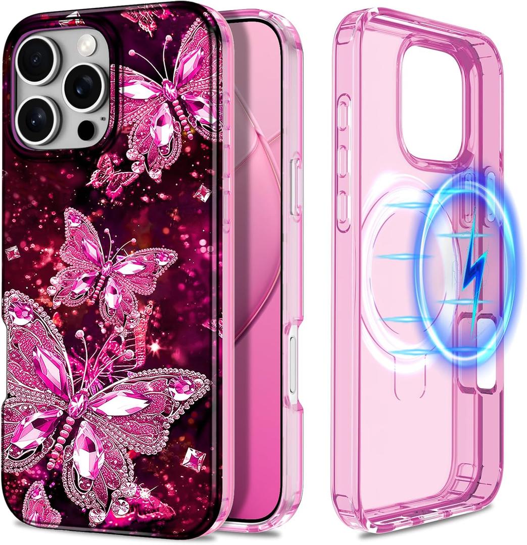 2 x Hekodonk for iPhone 16 Pro Max Case,Compatible with MagSafe,Glow in The Dark Full Body Rugged Protection Slim Shockproof Glossy Stylish Women Girls Case for iPhone 16 Pro Max 6.9 inch,Hot Pink