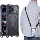 MAGEASY Compatible with iPhone 17 Pro Max 6.9" Case with Strap - 20ft Drop Protection Compatible with Mag Safe, Leather Embedded Frame | Odyssey Strap M (Leatherette Midnight)