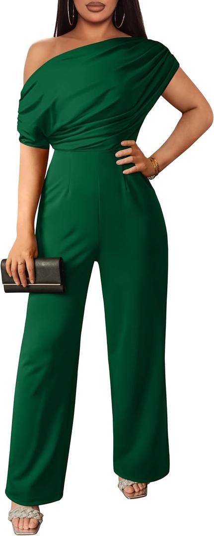 YMDUCH Women's Casual Sleeveless Off Shoulder Wide Leg Long Pant Jumpsuits (Large, Green)