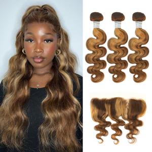 Honey Blonde Highlight Body Wave Human Hair 3 Bundles with 13x4 Lace Frontal Closure, 100% Virgin Brazilian Remy Hair Ombre Brown Human Hair Wavy Weaves 4/27 Color 14 16 18+14 Frontal