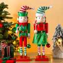 2 Pcs Wooden Red Green Nutcracker 14 Inch Wood Elf Candy Cane Nutcracker Decorations Elf Figures Decoration for Table Fireplace Mantel Decor