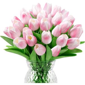U'Artlines 30Pcs Fake Tulips Artificial Flowers with Stems Faux Tulips Bouquet Real Touch Flower for Wedding Home Kitchen Spring Easter Mother's Day Floral Arrangement Decor (Light Pink)