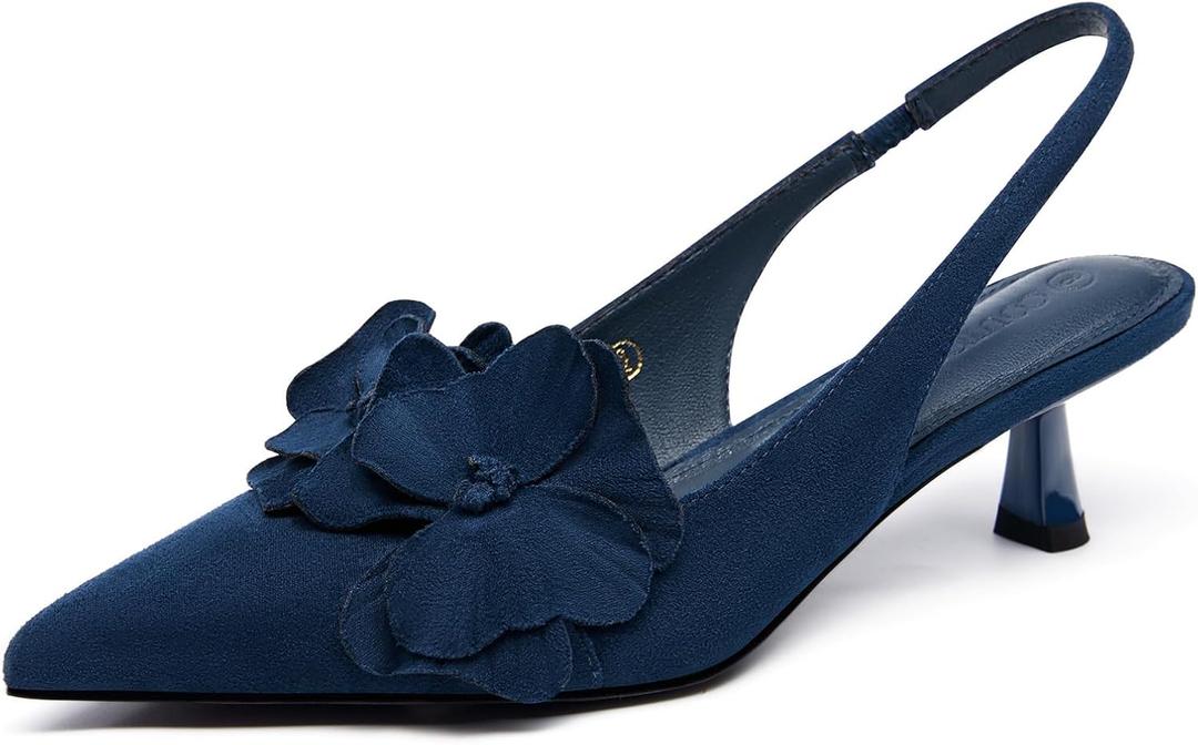 Coutgo Womens Slingback Kitten Heels Flower Closed Pointed Toe Pumps Wedding Party Dress Sandals Shoes (Blue), Size 9