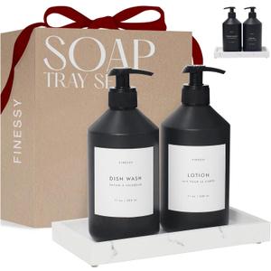 Modern Black Kitchen Soap Dispenser Set with Tray, Lotion Dishwashing Liquid Detergent Hand and Dish Soap Dispenser Set, Dual Refillable Pump Bottles for Kitchen and Bathroom Countertop Farmhouse (Sophisticated Black)