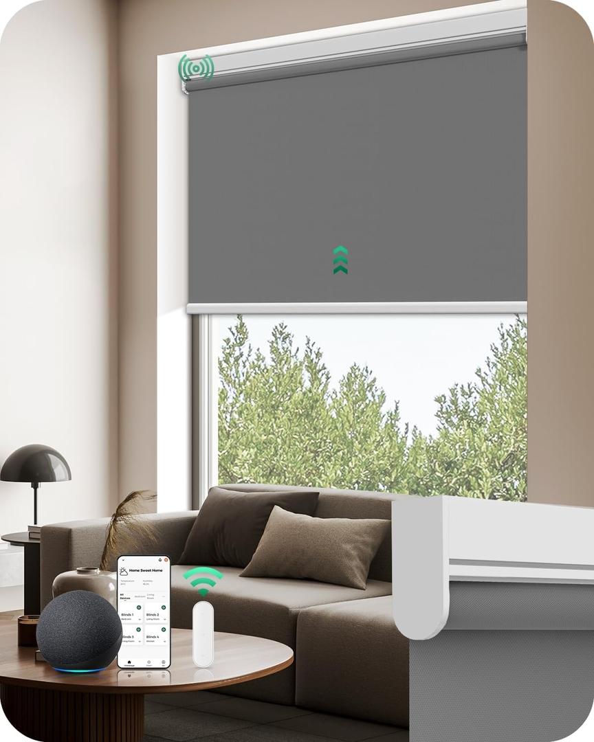 Allesin Motorized Roller Blinds with Remote Control for Windows, 100% Blackout Smart Shades with Quiet Motor, Dry Battery Powered Electric Blind (Smoky Gray 36" W x 72" H)