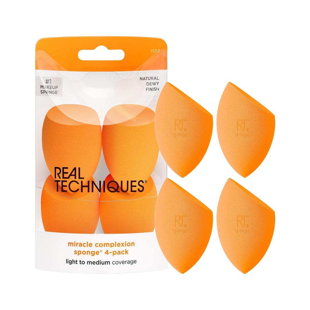 Real Techniques Miracle Complexion Sponge 4 Pack, Makeup Blending Sponges For Liquid & Cream Foundation & Skin Tints, Buildable Coverage, Natural, Dewy Base, Cruelty- Free, Latex-Free Foam