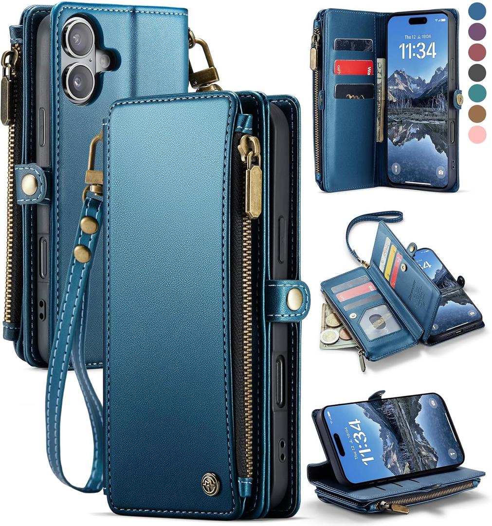 Defencase Compatible with iPhone 17 Case Wallet with RFID Blocking Card Holder for Women and Men, Fashion PU Leather Magnetic Snap Flip Zipper Strap Wallet Phone Case for iPhone 17 6.3", Dark Blue