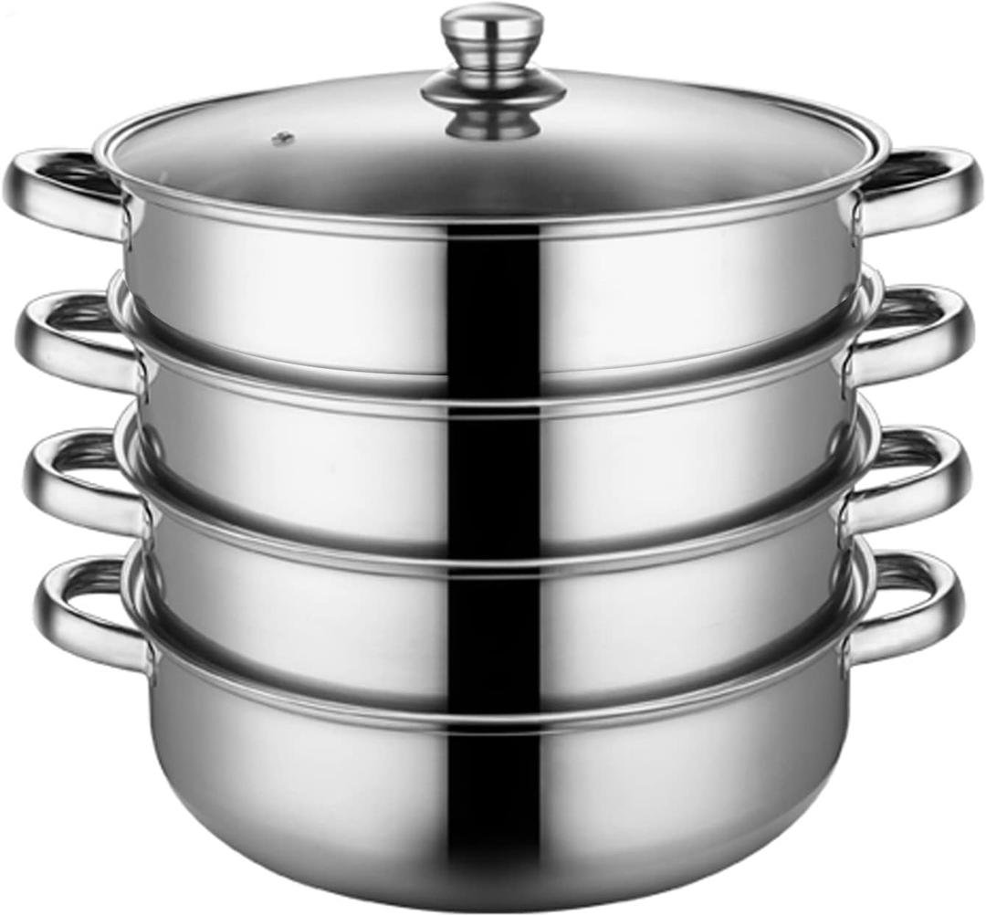 4 Piece Stainless Steel Steamer Pot Set with Glass Lid and handle,for Steamer Cooking,Casserole,Saucepan (4 layer)