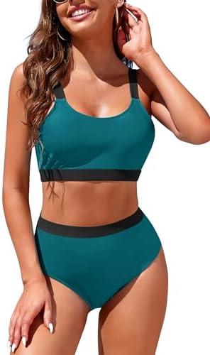 Womens High Waisted Bikini Sets Sporty Crop Top Color Block Swimwear Bandeau Scoop Neck Vintage Two Piece Bathing Suits Size Large, Turqoise 