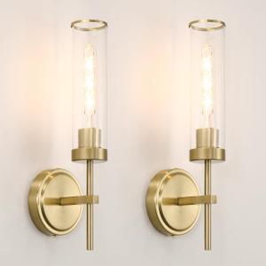 Wall Sconces Set of Two, Gold Bathroom Sconces, Modern Vanity Light Fixtures with Clear Glass, Sconces Wall Decor Set of 2, Brass Wall Mount Lights for Living Room Corridor Mirror Bedroom Stairs (Gold+Clear)