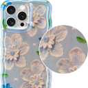 Jusy Compatible with iPhone 12 Pro Max, Colorful Retro Oil Painting Printed Flower Laser Glossy Pattern Cute Curly Wave Phone Case Soft TPU Cover for Girly Women - Blue Flower