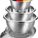 Palksky Stainless Steel Colander Set with Self-Draining Base, 3 Sizes Colanders & Food Strainers for Pasta, Rice, Fruits & Veggies, Metal Colander with Draining Plate for Sink or Countertop