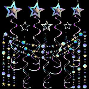 37 Pieces Iridescent Holographic Party Decorations Glitter Swirl Streamer Galaxy Garland Hanging Bling Star Party Supplies Circle Dot Swirl Streamer for Wedding Disco Birthday Decorations