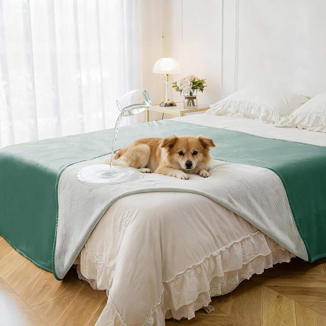 Waterproof Blanket for Bed King Size, Leak Proof Dog Couch Blankets Reversible, Pet Throw Sofa Furniture Protector Machine Washable-82 x108,Green+Cream