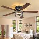 56 Inch Farmhouse Chandelier Ceiling Fan with Remote Control, Black Indoor Crystal Ceiling Fan with 6-Speeds, Quiet Reversible DC Motor, Flush Mount Ceiling Fans with Lights for Bedroom, Living Room