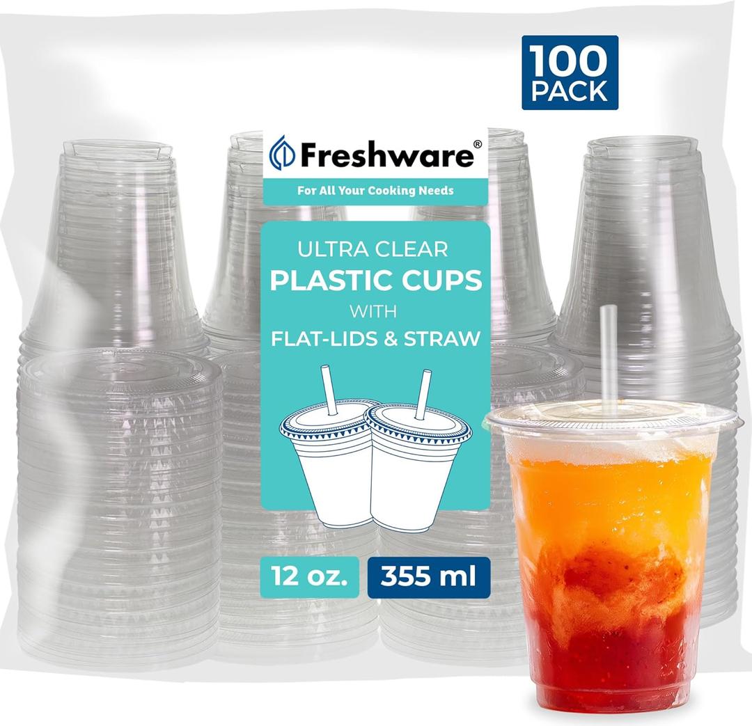 Freshware 12 oz Clear Disposable Plastic Cups with Flat Lids and Straws, 100 Pack Clear Plastic Cups Tumblers, Heavy-duty Party Glasses, Disposable Cups for Thanksgiving, Halloween, Christmas Party