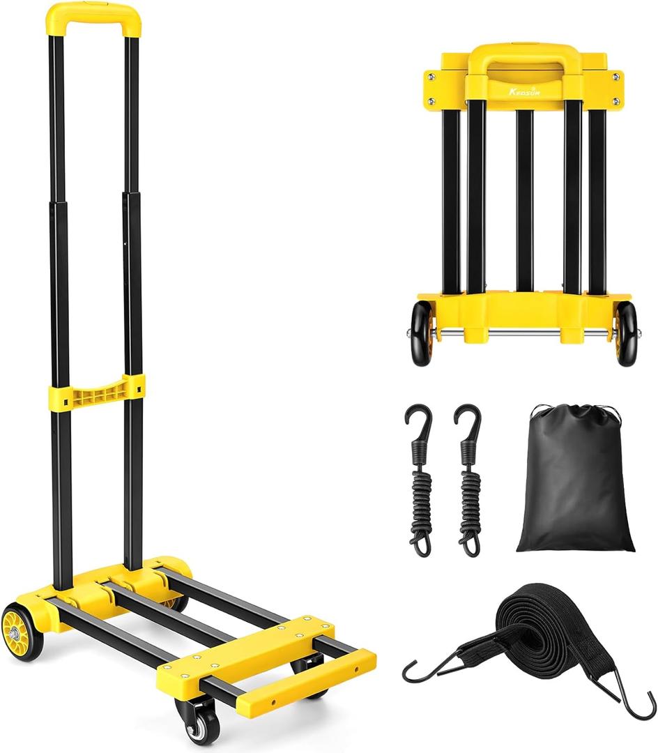 KEDSUM Folding Hand Truck, 290 lbs Dolly Cart with Wheels, Collapsible Hand Truck Dolly, Foladable Utility Cart Lightweight and Portable Luggage Cart for Airport Travel, Moving and Office Use, Yellow