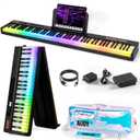 AiJoy 88 Keys Folding Piano keyboard with Colorful Light Up Keyboard Piano | Full Size Semi-Weighted Keyboard Electric Piano with USB-MIDI, Speakers, Sustain Pedal for Beginners, Travel and Small Spaces