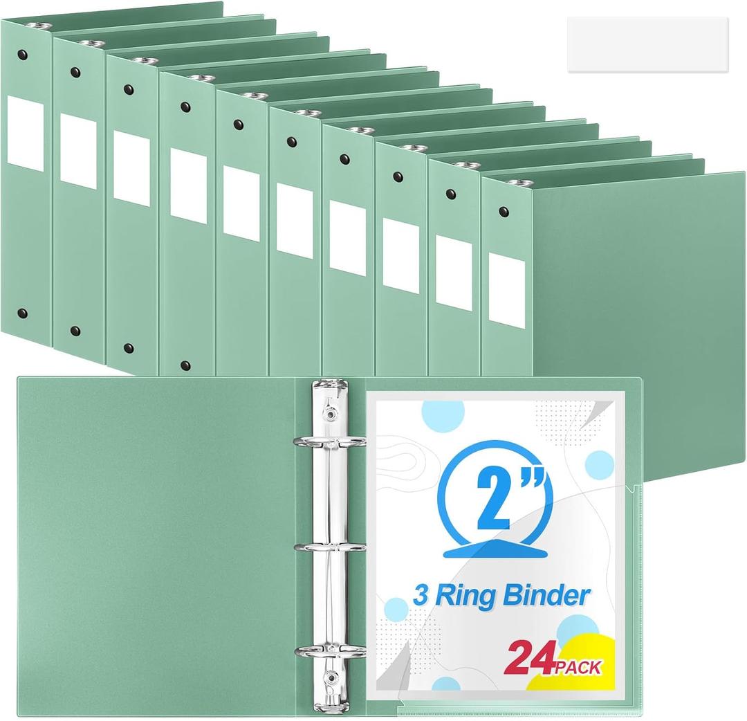 Henoyso 24 Pcs Sage Green 2 Inch 3 Ring Binder Bulk, Fits Letter Size 8.5'' x 11'' Paper, Holds 490 Sheets, 2 Pockets Plastic Binders Pack for School Office Home Organization, Press-to-Open Ring