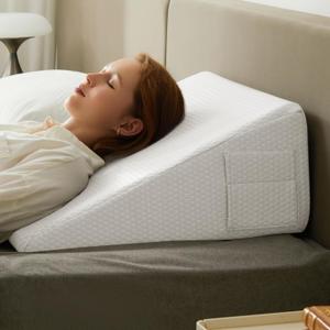 Wedge Pillow for Sleeping, 10 inch Elevated Support Bed Wedge Pillow, Breathable Triangle Pillow Wedge with Cooling Memory Foam Top - Removable Washable Cover, White