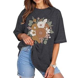 Women’s Oversized Graphic Tees Vintage Casual Drop Shoulder T-Shirt Print Summer Loose Fit Tops Flower04 Darkgrey-M