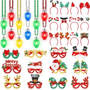Suncalla 36 Pcs Christmas Light up Necklace Headbands Glasses Frame Set, Christmas Party Favors LED Bulb Necklace Headwear Eyeglasses Accessories for Santa Xmas Tree Snowman Elk Costume