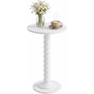 Round Side Table, Small Drink End Table, Solid Wood Leg Accent Nightstand | Pedestal Base Design, Sofa Side Table, Living Room Bedroom Furniture, Apartment Office Decor, White