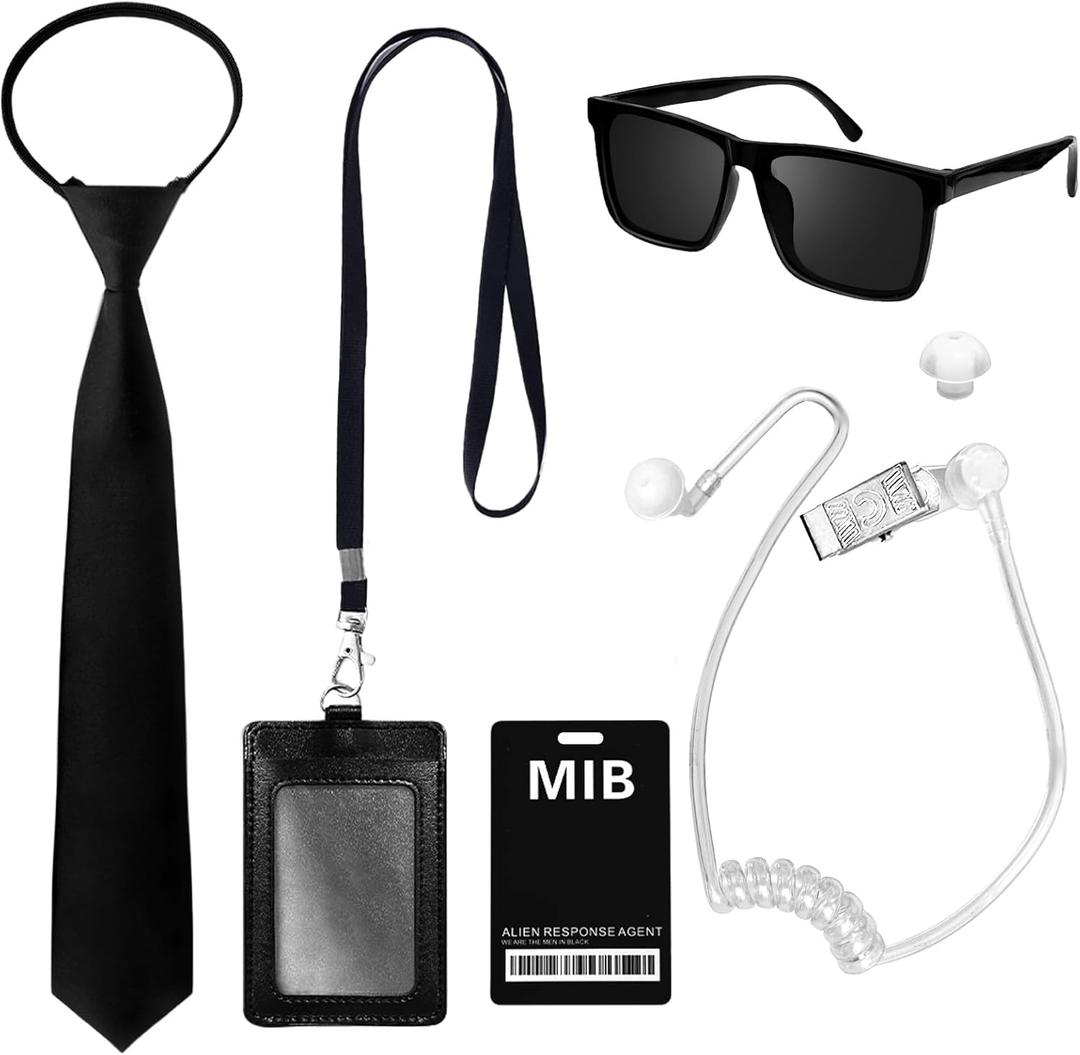 6PCS Agent Costume Set,Secret Service Costume Accessories with Black Sunglasses ID Badge Adjustable Pretied Zipper Tie Earpiece,Spy Costume for Kids,Cosplay,Halloween,Party,Dress Up